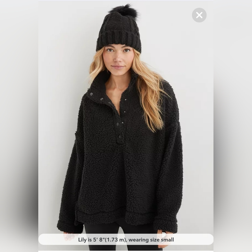 aerie Black Teddy Fleece Pullover Jacket